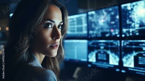 A woman working with multiple monitors in a dimly lit room