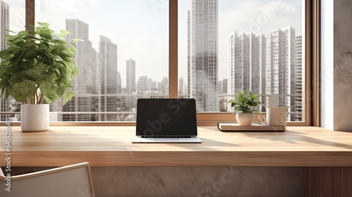 close up working desk with blank screen laptop on wooden table study room interior design template home interior background,ai generate
