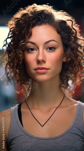 A woman with curly hair wearing a gray tank top