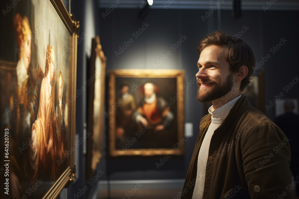 A man admiring a painting in a museum - obrazy, fototapety, plakaty 