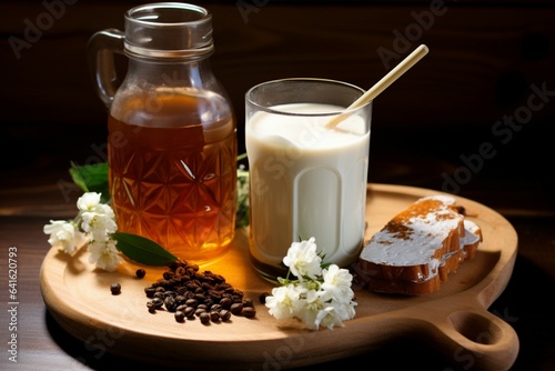 Wooden tray displays milk and honey a rustic, harmonious union of flavors