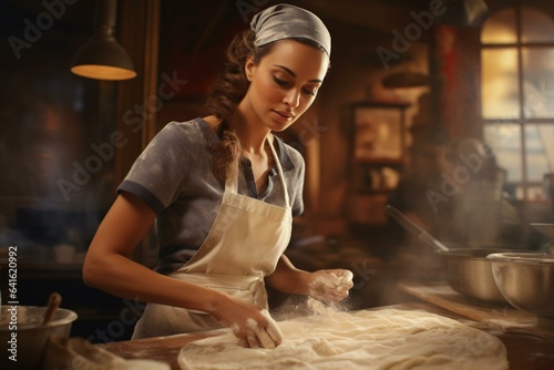 A woman kneading dough in an apron