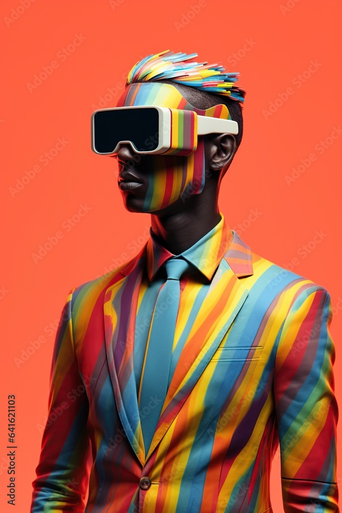 Illustration of a fashion portrait wearing a virtual reality (VR) headset.,., AI Generated. Illustration of a fashion portrait wearing a virtual reality (VR) headset.,., AI Generated.
