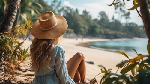 Summer beach vacation concept Happy woman with hat relaxing © Dushan