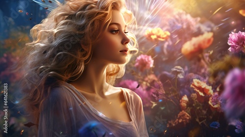 Foto A beautiful woman surrounded by vibrant flowers in a captivating painting