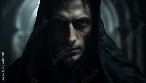 A mysterious man in a hooded jacket making eye contact with the viewer