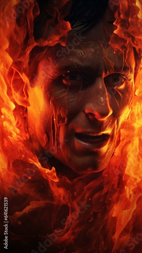 A person with fire on their face in a close-up shot