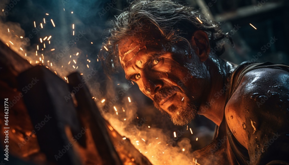 A bearded man standing in front of a roaring fire A bearded man standing in front of a roaring fire