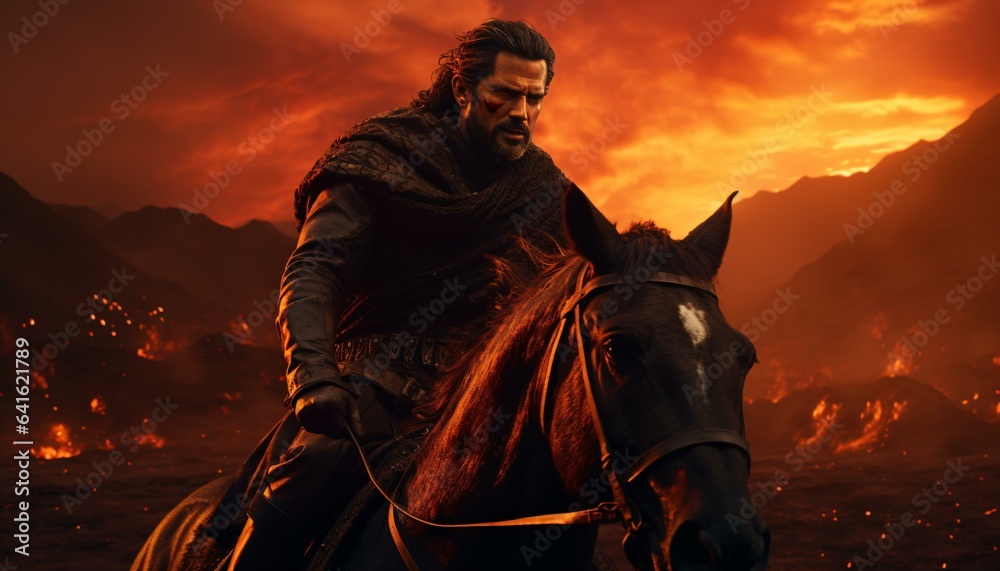 Fototapeta premium A man riding a brown horse