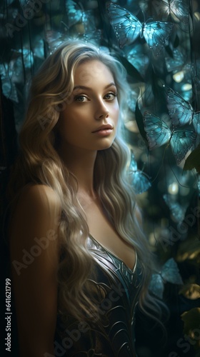 A woman with long blonde hair surrounded by butterflies