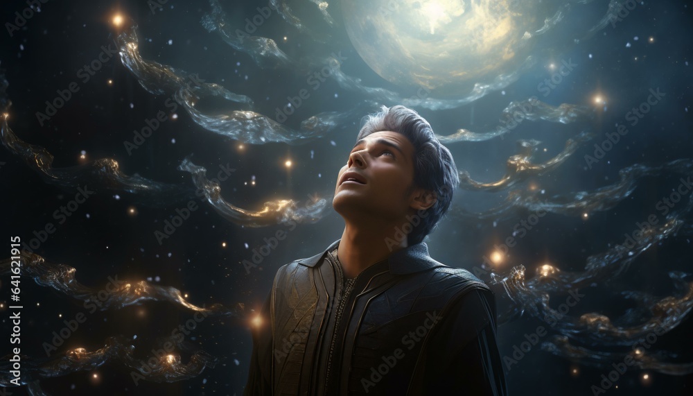 A man gazing at a mesmerizing night sky filled with countless stars A man gazing at a mesmerizing night sky filled with countless stars