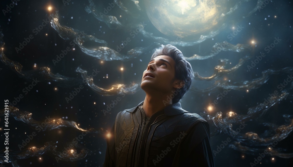 A man gazing at a mesmerizing night sky filled with countless stars