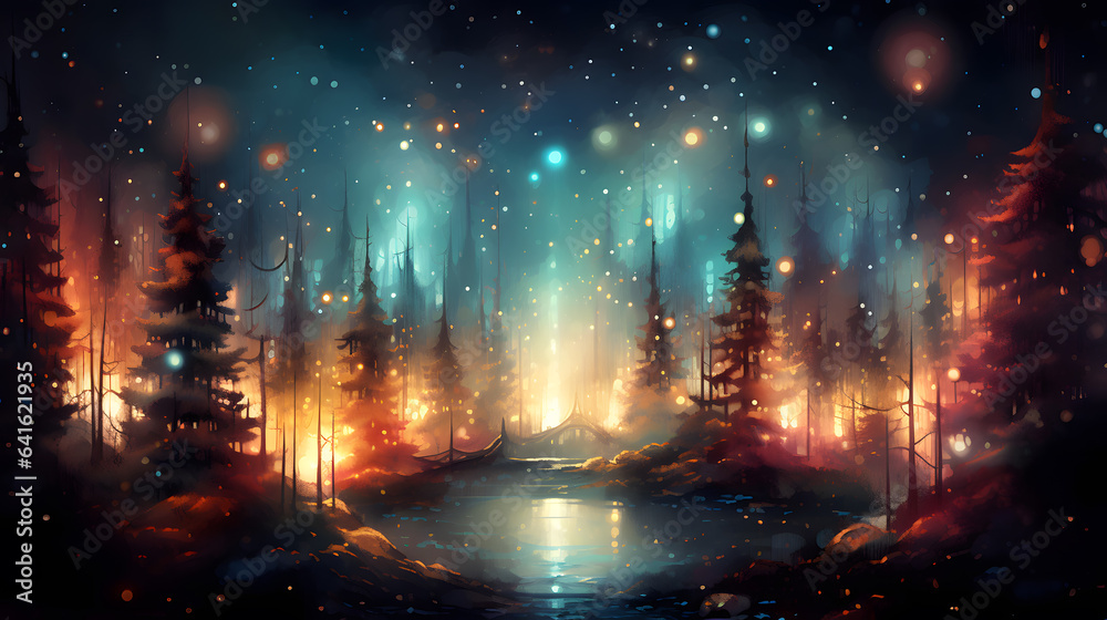 Fantasy dark shiny forest with fog, trees and lights. Christmas background