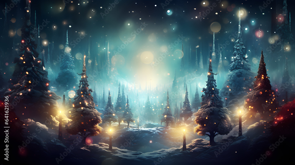Fototapeta premium Fantasy dark shiny forest with fog, trees and lights. Christmas background
