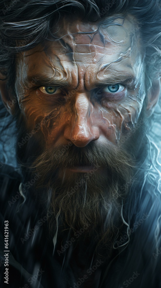 A bearded man with striking blue eyes