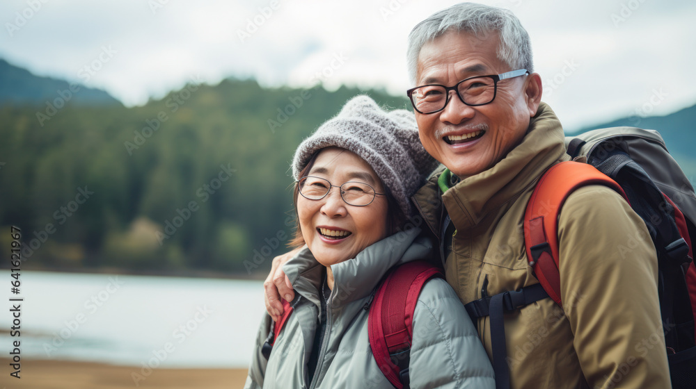 Asian senior couple smiling happy and travel together Asian senior couple smiling happy and travel together