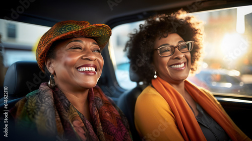 Mature black two women smile on the taxi car © EmmaStock