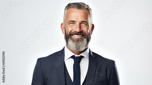 portrait mature male mouth beautiful beard and smiling wearing suit on white isolated background