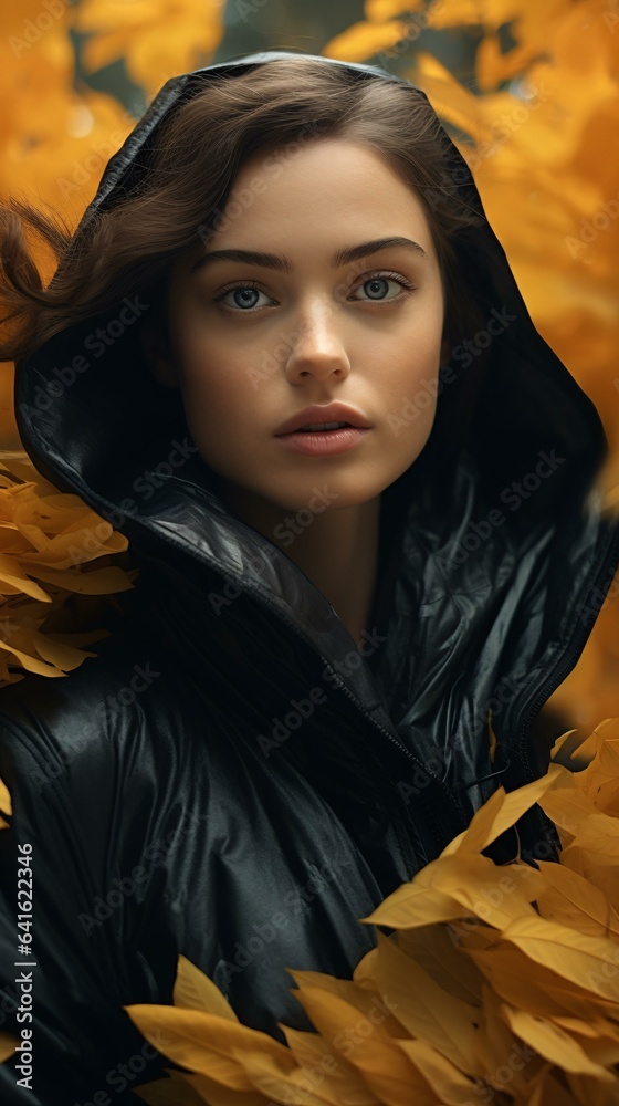 A woman in a black coat surrounded by yellow leaves A woman in a black coat surrounded by yellow leaves