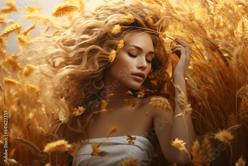 A woman with flowing hair surrounded by a vibrant field