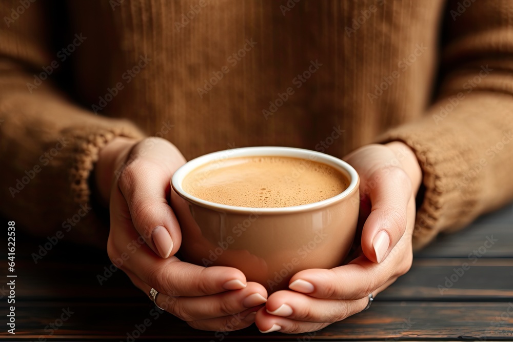 Female hands holding cup of hot latte art coffee on wooden background