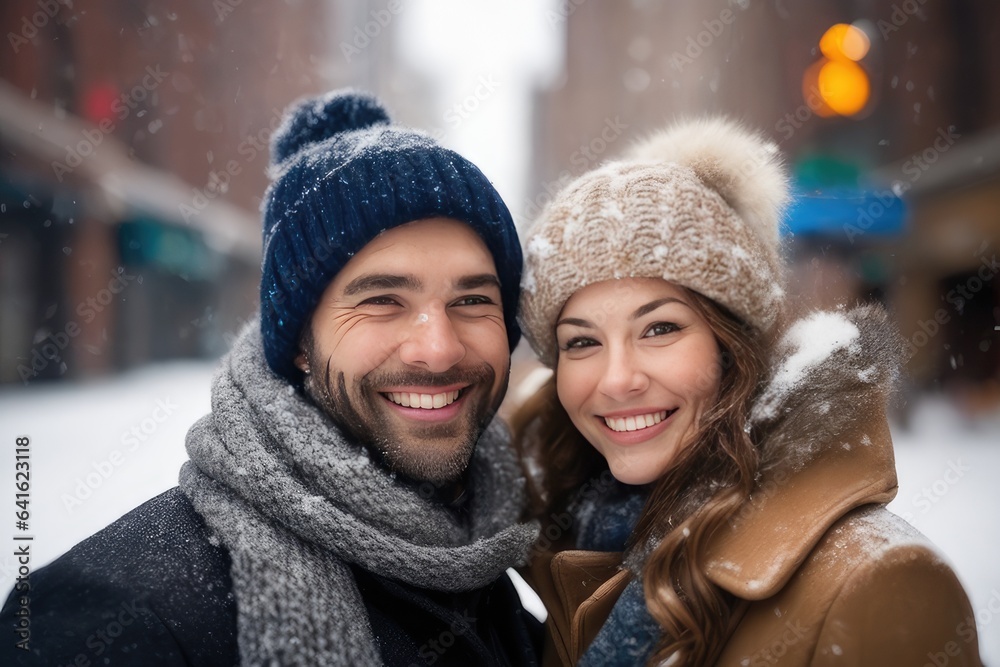 portrait of a couple on the street in winter