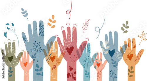 Raised hands. Volunteering, teamwork concert.