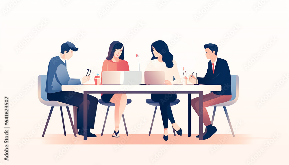 Minimalist character illustrations with a group of people sitting at a table, AI generated Minimalist character illustrations with a group of people sitting at a table, AI generated