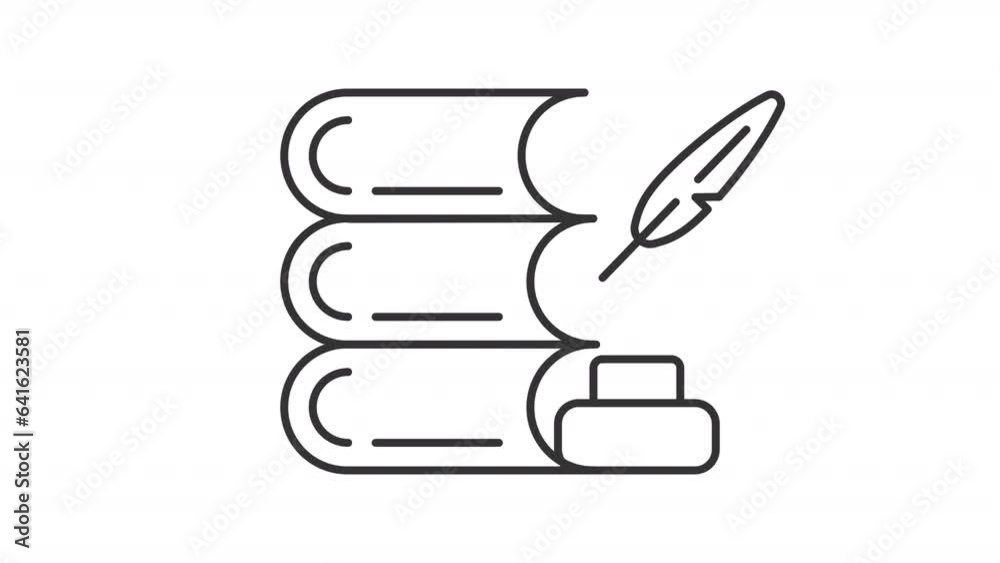 Literature line animation. Quill pen writing animated icon. Moving book stack. High school graduation. Black illustration on white background. HD video with alpha channel. Motion graphic Literature line animation. Quill pen writing animated icon. Moving book stack. High school graduation. Black illustration on white background. HD video with alpha channel. Motion graphic