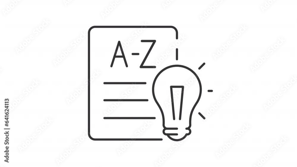 Language arts line animation. Lightbulb shining and worksheet with pulsating letters animated icon. Middle school. Black illustration on white background. HD video with alpha channel. Motion graphic Language arts line animation. Lightbulb shining and worksheet with pulsating letters animated icon. Middle school. Black illustration on white background. HD video with alpha channel. Motion graphic