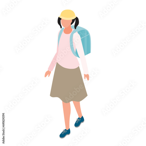 アイソメトリック_ランドセルを背負って歩いている女子小学生