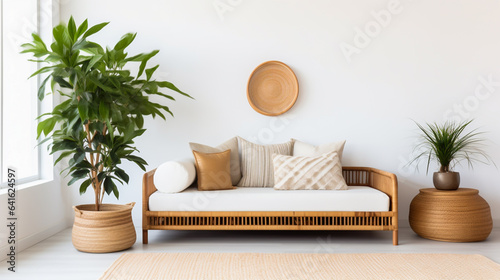 A minimalist living room with a rattan daybed and a few plants. Interior design using rattan furniture and neutral color concept