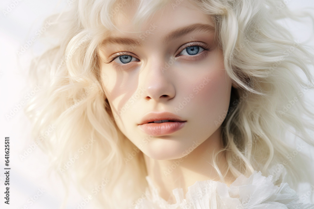 An angelic portrait of a fair-skinned young woman with blonde hair, radiating purity and innocence.