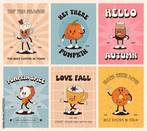 Funny Retro cartoon Pumpkin Character in groovy 50s, 60s, 70s Vintage Style. Happy Autumn mascot with pumpkin spice latte, pumpkin pie, pudding, cake, cupcake, waffles, donut and coffee.