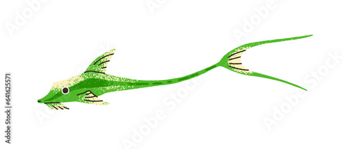 Cute exotic fish with double split tail. Tropical sea water animal swimming. ...