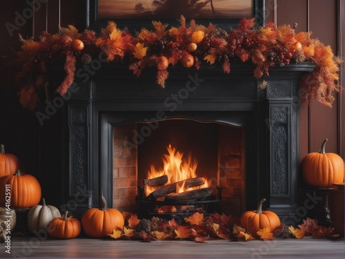 Autumn fireplace and pumpkin, cozy living room backdrop