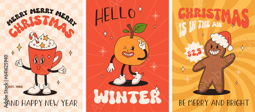 Funny Retro cartoon christmas Character in groovy 50s, 60s, 70s Vintage Style. Happy new year mascot with hot coffee, cocoa, gingerbread, cake, cupcake and cookie. Xmas vintage characters.
