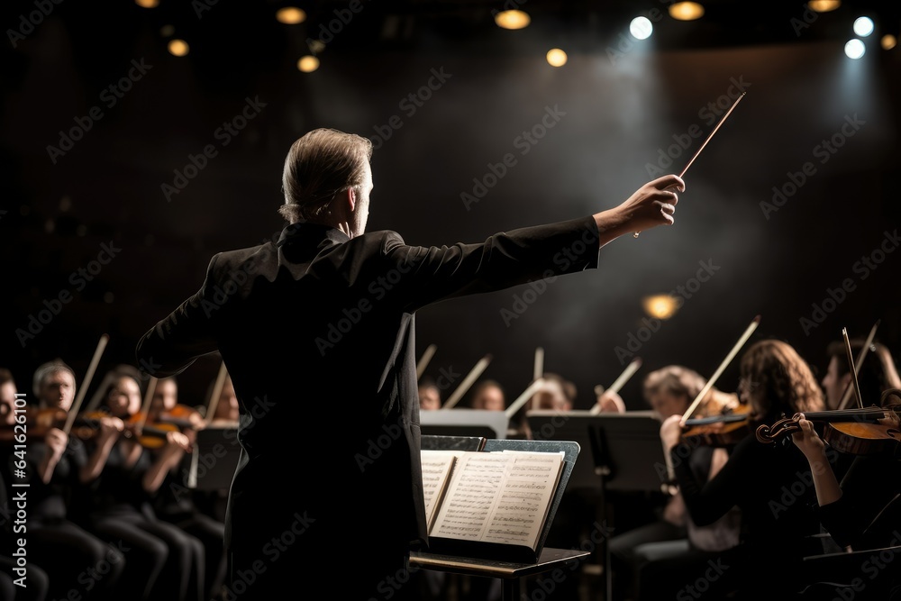 Obraz premium This is a scene of a conductor leading an orchestra on stage.Generative AI