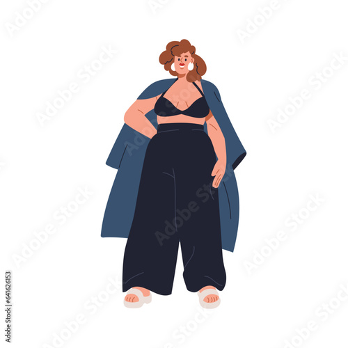 Happy plus-size fat woman in modern fashion clothes. Chunky chubby body-positive girl standing in trendy apparel. Stylish young female character. Flat vector illustration isolated on white background