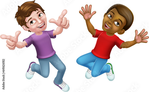 Two kids boys cartoon character children jumping for joy