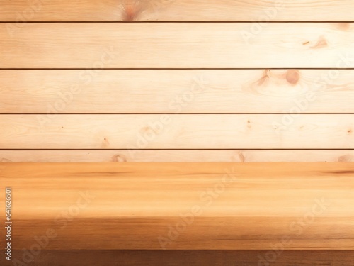 Empty wood table with wood wall in background