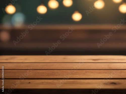 Empty wooden table in front of abstract blurred background of food restaurant