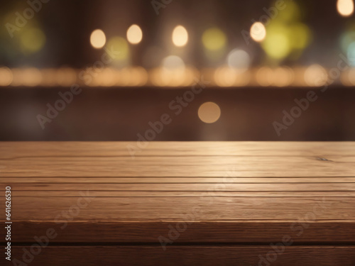 Empty wooden table top with lights bokeh on blur cafe background, Wooden brown table