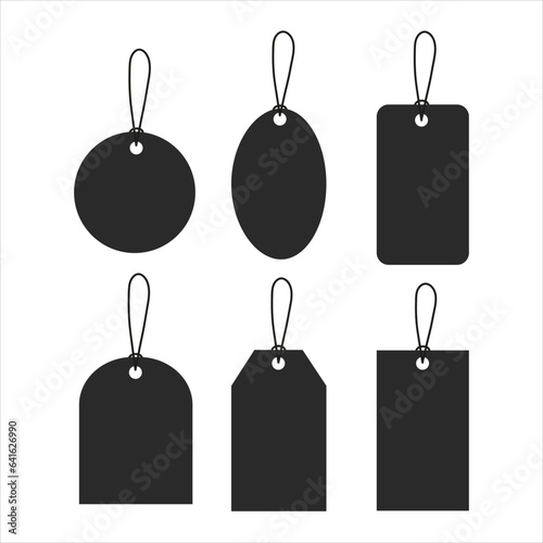 Blank black paper price tags or gift tags of various shapes. Discount tags icon shapes of various shapes with rope for store