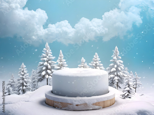 snow podium product display mockup with cloud and winter trees ai generated © X11