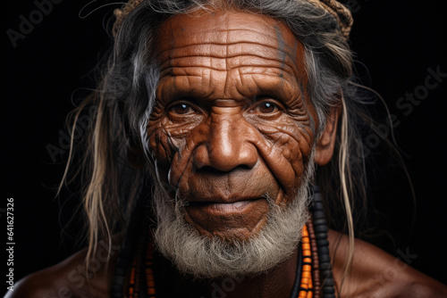 Portrait of an old American Indian male with deep wrinkles