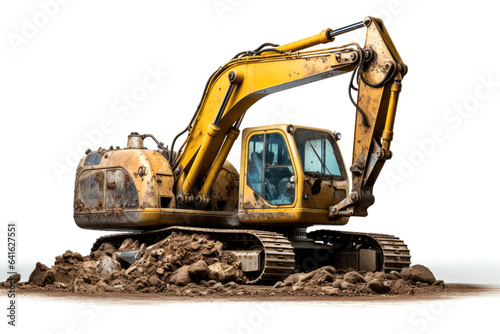 Heavy excavator excavating, isolated on white background