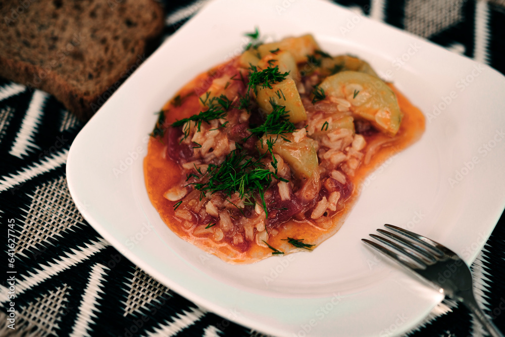 light vegetable zucchini and rice cold starter made with olive oil, turkish medeterranean cuisine food light vegetable zucchini and rice cold starter made with olive oil, turkish medeterranean cuisine food