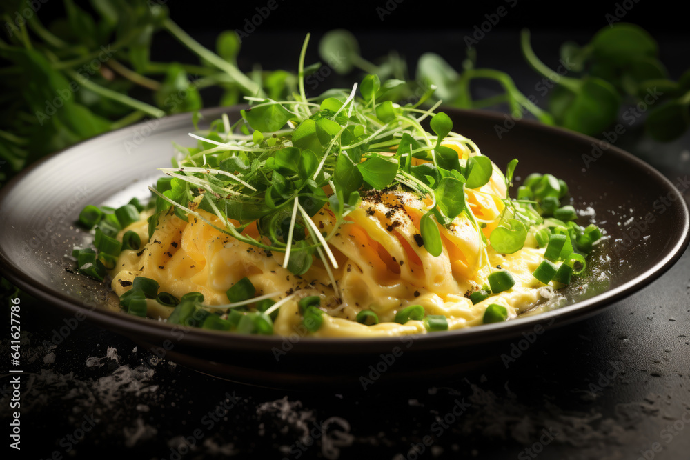 Herb omelette, scrambled eggs with microgreens on a plate Herb omelette, scrambled eggs with microgreens on a plate