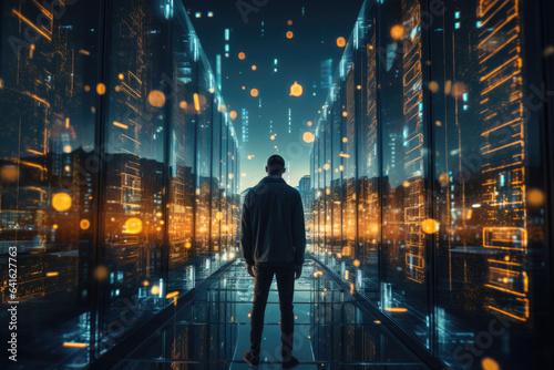 man in a glowing digital corridor, the concept of virtual reality, cyberspace